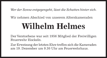 Traueranzeige von Wilhelm Helmes von Hildesheimer Allgemeine Zeitung