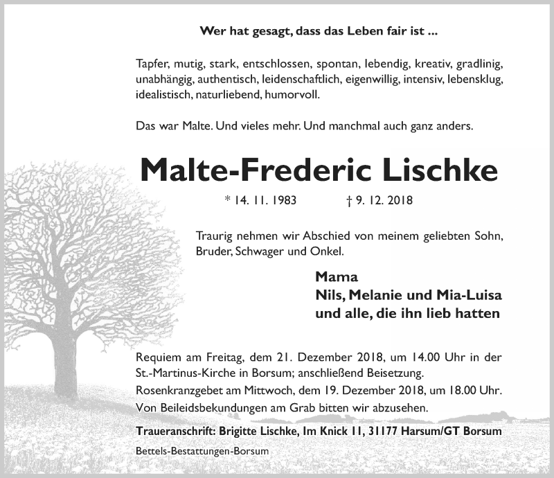  Traueranzeige für Malte-Frederic Lischke vom 15.12.2018 aus 