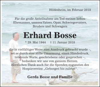 Traueranzeige von Erhard Bosse von Hildesheimer Allgemeine Zeitung