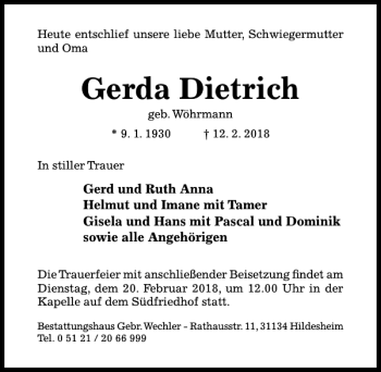 Traueranzeige von Gerda Dietrich von Hildesheimer Allgemeine Zeitung