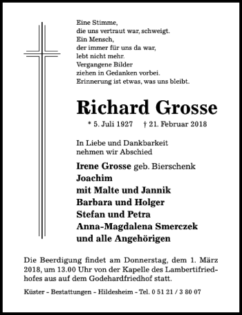 Traueranzeige von Richard Grosse von Hildesheimer Allgemeine Zeitung