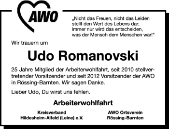 Traueranzeige von Udo Romanovski von Hildesheimer Allgemeine Zeitung