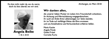 Traueranzeige von Angela Beike von Hildesheimer Allgemeine Zeitung