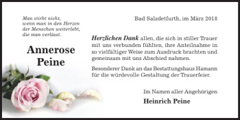 Traueranzeige von Annerose Peine von Hildesheimer Allgemeine Zeitung