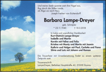 Traueranzeige von Barbara Lampe-Dreyer von Hildesheimer Allgemeine Zeitung