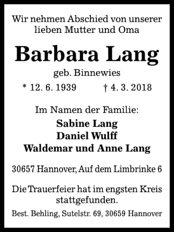 Traueranzeige von Barbara Lang von Hildesheimer Allgemeine Zeitung