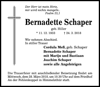 Traueranzeige von Bernadette Schaper von Hildesheimer Allgemeine Zeitung