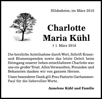 Traueranzeige von Charlotte Maria Kühl von Hildesheimer Allgemeine Zeitung