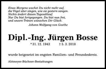 Traueranzeige von Dipl.-Ing. Jürgen Bosse von Hildesheimer Allgemeine Zeitung