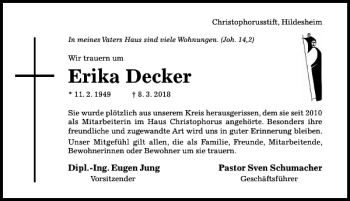 Traueranzeige von Erika Decker von Hildesheimer Allgemeine Zeitung