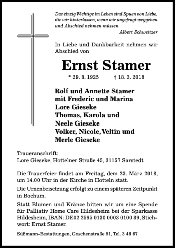 Traueranzeige von Ernst Stamer von Hildesheimer Allgemeine Zeitung