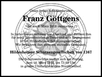 Traueranzeige von Franz Göttgens von Hildesheimer Allgemeine Zeitung