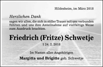 Traueranzeige von Friedrich Fritze Schwetje von Hildesheimer Allgemeine Zeitung