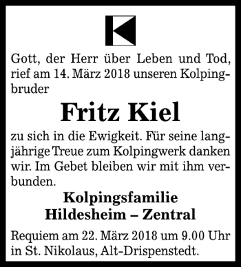 Traueranzeige von Fritz Kiel von Hildesheimer Allgemeine Zeitung