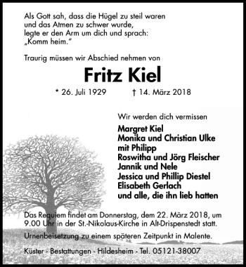 Traueranzeige von Fritz Kiel von Hildesheimer Allgemeine Zeitung