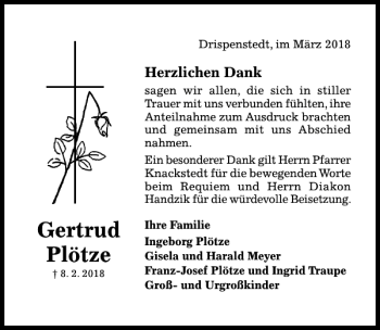 Traueranzeige von Gertrud Plötze von Hildesheimer Allgemeine Zeitung