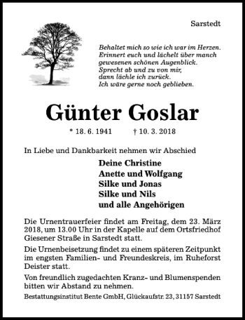 Traueranzeige von Günter Goslar von Hildesheimer Allgemeine Zeitung