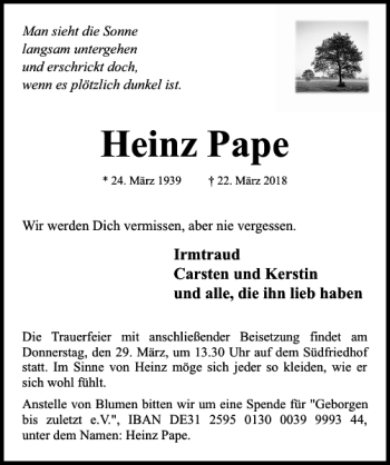 Traueranzeige von Heinz Pape von Hildesheimer Allgemeine Zeitung
