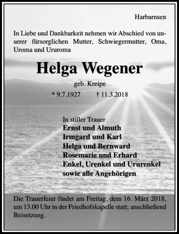 Traueranzeige von Helga Wegener von Hildesheimer Allgemeine Zeitung