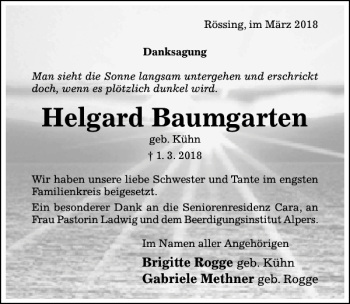 Traueranzeige von Helgard Baumgarten von Hildesheimer Allgemeine Zeitung