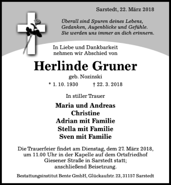 Traueranzeige von Herlinde Gruner von Hildesheimer Allgemeine Zeitung