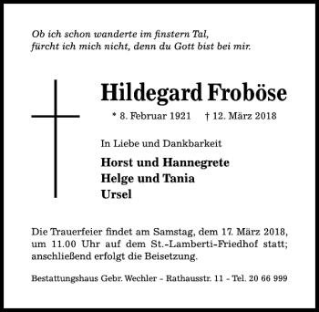 Traueranzeige von Hildegard Froböse von Hildesheimer Allgemeine Zeitung