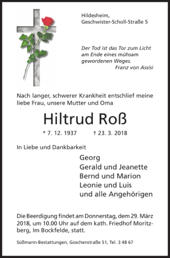 Traueranzeige von Hiltrud Roß von Hildesheimer Allgemeine Zeitung