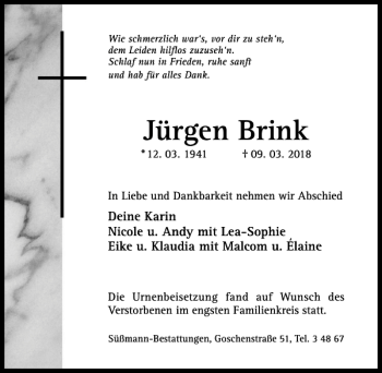 Traueranzeige von Jürgen Brink von Hildesheimer Allgemeine Zeitung