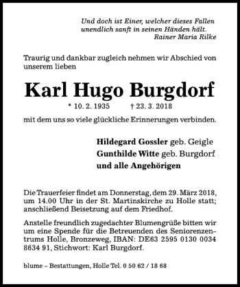 Traueranzeige von Karl Hugo Burgdorf von Hildesheimer Allgemeine Zeitung