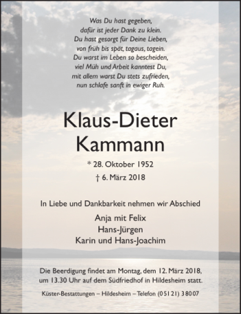 Traueranzeige von Klaus-Dieter Kammann von Hildesheimer Allgemeine Zeitung