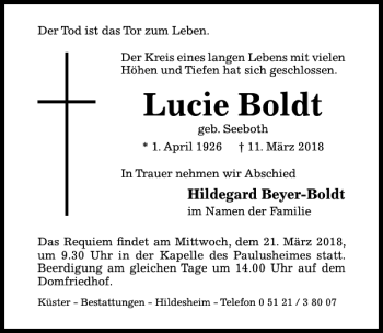 Traueranzeige von Lucie Boldt von Hildesheimer Allgemeine Zeitung