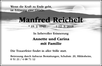 Traueranzeige von Manfred Reichelt von Hildesheimer Allgemeine Zeitung