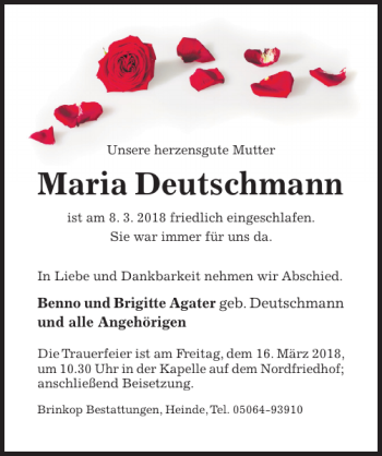 Traueranzeige von Maria Deutschmann von Hildesheimer Allgemeine Zeitung