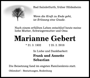Traueranzeige von Marianne Gebert von Hildesheimer Allgemeine Zeitung