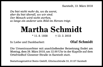 Traueranzeige von Martha Schmidt von Hildesheimer Allgemeine Zeitung