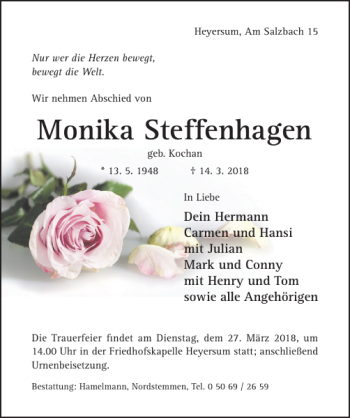 Traueranzeige von Monika Steffenhagen von Hildesheimer Allgemeine Zeitung