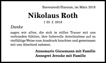 Traueranzeige von Nikolaus Roth von Hildesheimer Allgemeine Zeitung