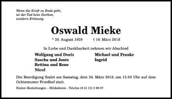 Traueranzeige von Oswald Mieke von Hildesheimer Allgemeine Zeitung