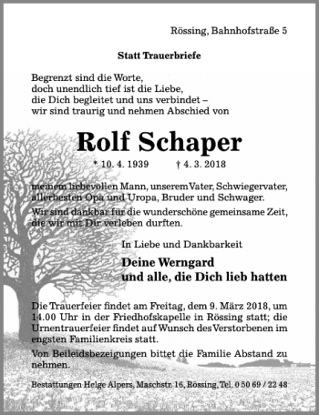 Traueranzeige von Rolf Schaper von Hildesheimer Allgemeine Zeitung