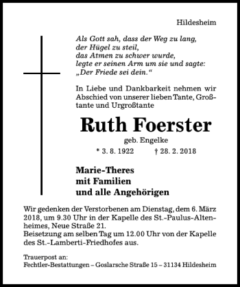 Traueranzeige von Ruth Foerster von Hildesheimer Allgemeine Zeitung