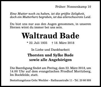 Traueranzeige von Waltraud Bade von Hildesheimer Allgemeine Zeitung