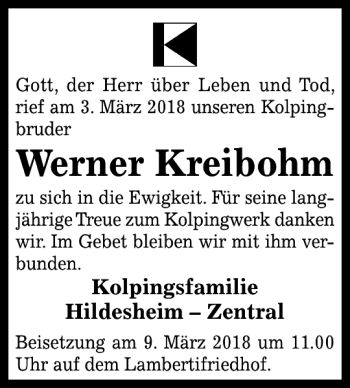 Traueranzeige von Werner Kreibohm von Hildesheimer Allgemeine Zeitung