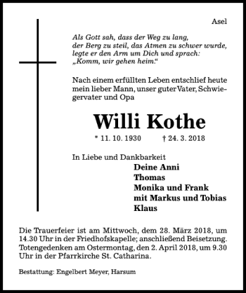 Traueranzeige von Willi Kothe von Hildesheimer Allgemeine Zeitung