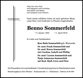 Traueranzeige von Benno Sommerfeld von Hildesheimer Allgemeine Zeitung