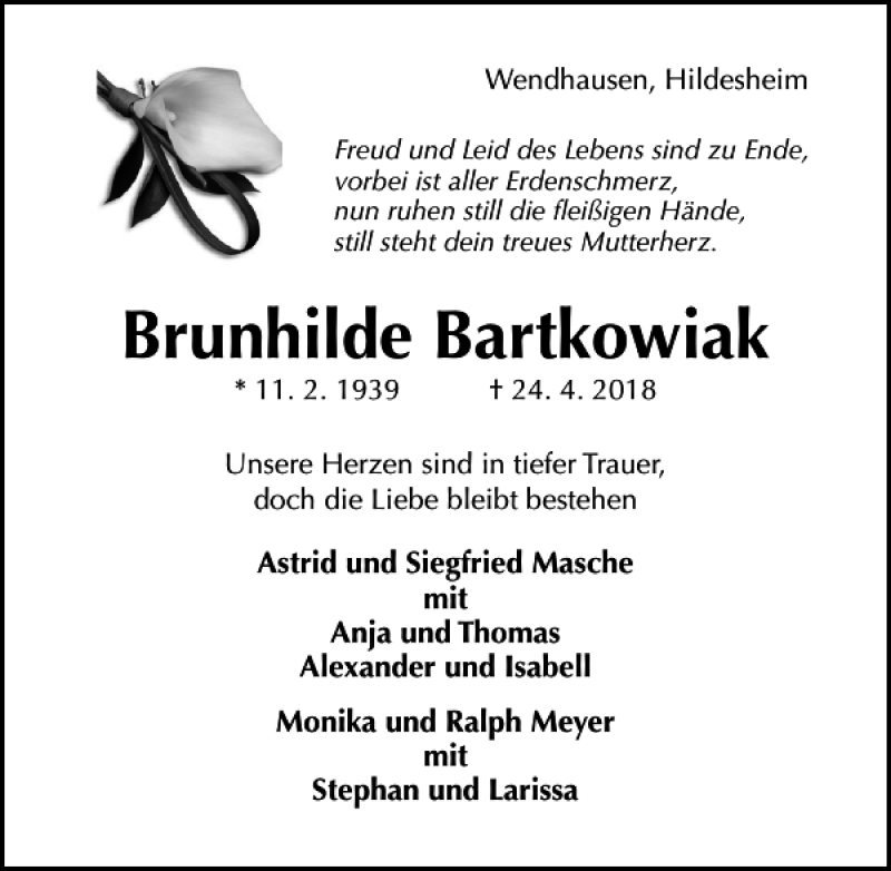  Traueranzeige für Brunhilde Bartkowiak vom 28.04.2018 aus Hildesheimer Allgemeine Zeitung