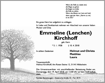 Traueranzeige von Emmeline Lenchen Kirchhoff von Hildesheimer Allgemeine Zeitung