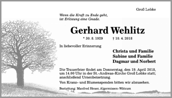 Traueranzeige von Gerhard Wehlitz von Hildesheimer Allgemeine Zeitung