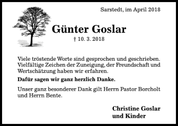 Traueranzeige von Günter Goslar von Hildesheimer Allgemeine Zeitung