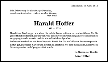 Traueranzeige von Harald Hoffer von Hildesheimer Allgemeine Zeitung