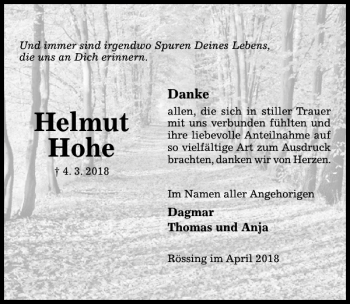 Traueranzeige von Helmut Hohe von Hildesheimer Allgemeine Zeitung